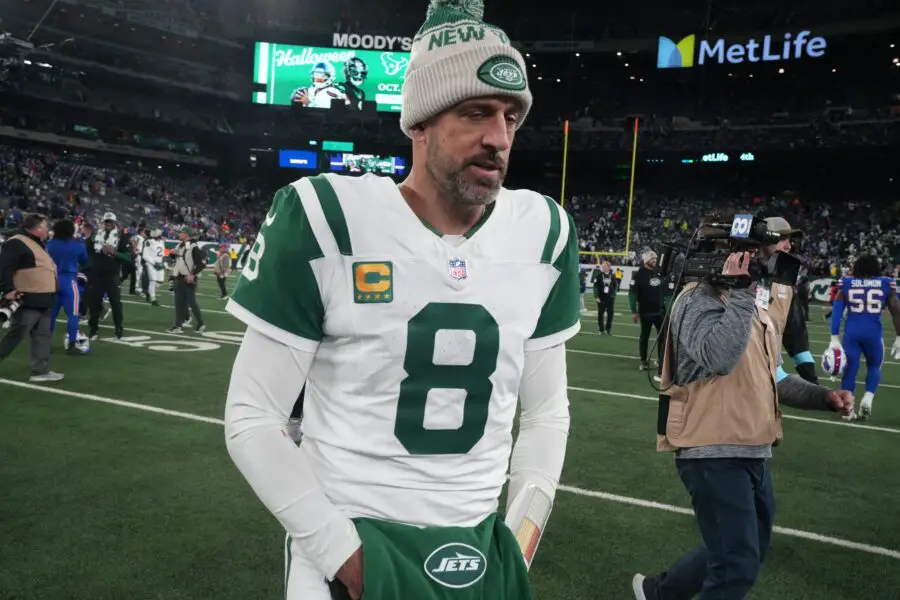 East Rutherford, NJ -- October 14, 2024 -- Aaron Rodgers of the Jets leaves the field at the end of the game. The Buffalo Bills came to MetLife Stadium to play the NY Jets. The Jets played their first game under new interim head coach Jeff Ulbrich.