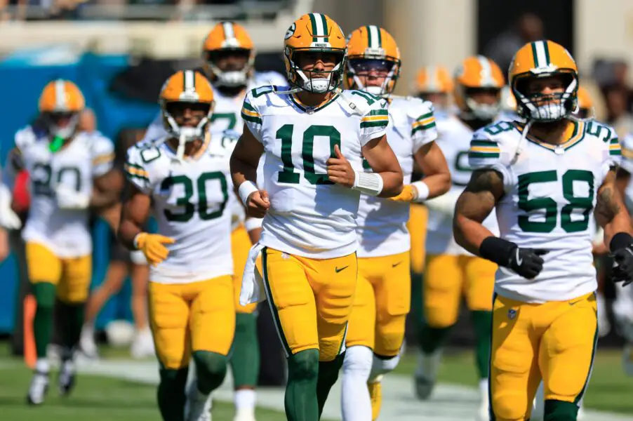 Green Bay Packers quarterback Jordan Love (10) runs on the field with the team before an NFL football matchup Sunday, Oct. 27, 2024 at EverBank Stadium in Jacksonville, Fla. The Packers edged the Jaguars 30-27 on a last-second field goal. [Corey Perrine/Florida Times-Union]