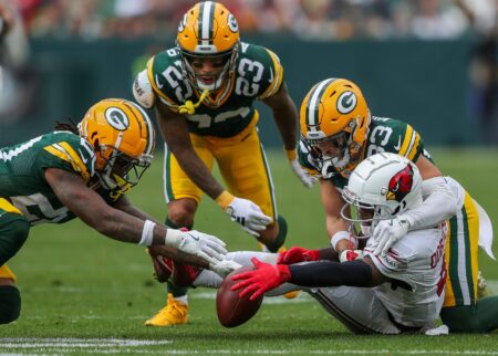 Green Bay Packers safety Javon Bullard (20), cornerback Jaire Alexander and safety Evan Williams (33) scramble to recover a fumble by Arizona Cardinals wide receiver Greg Dortch (4) on Sunday, October 13, 2024, at Lambeau Field in Green Bay, Wis. The Packers won the game, 34-13 Tork Mason/USA TODAY NETWORK-Wisconsin