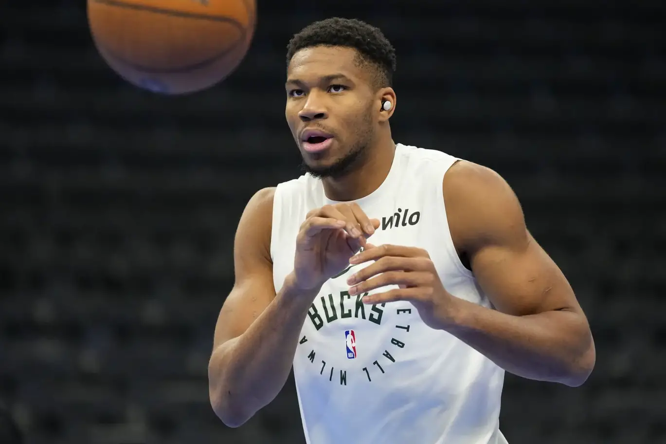 Nov 12, 2024; Milwaukee, Wisconsin, USA; Milwaukee Bucks forward Giannis Antetokounmpo (34) during warmups prior to the game against the Toronto Raptors at Fiserv Forum. Mandatory Credit: Jeff Hanisch-Imagn Images