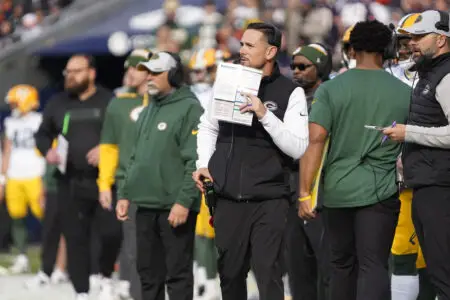 Nov 17, 2024; Chicago, Illinois, USA; Green Bay Packers head coach Matt LaFleur on the sidelines against the Chicago Bears during the first half at Soldier Field. Mandatory Credit: David Banks-Imagn Images