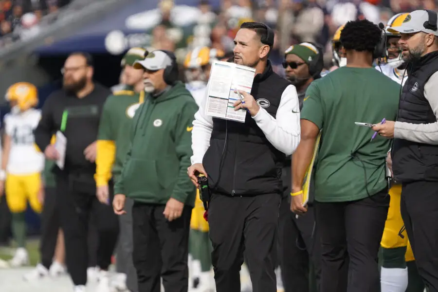 Nov 17, 2024; Chicago, Illinois, USA; Green Bay Packers head coach Matt LaFleur on the sidelines against the Chicago Bears during the first half at Soldier Field. Mandatory Credit: David Banks-Imagn Images