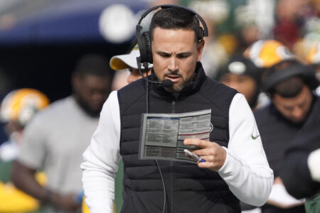 Nov 17, 2024; Chicago, Illinois, USA; Green Bay Packers head coach Matt LaFleur on the sidelines against the Chicago Bears during the first half at Soldier Field. Mandatory Credit: David Banks-Imagn Images