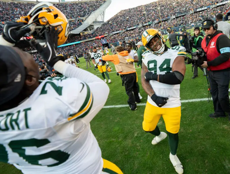 Green Bay Packers defensive end Karl Brooks (94) celebrate after blocking a field goal as time expired during their game Sunday, November 17, 2024 at Solider Field in Chicago, Illinois. The Green Bay Packers beat the Chicago Bears 20-19. Mark Hoffman/Milwaukee Journal Sentinel