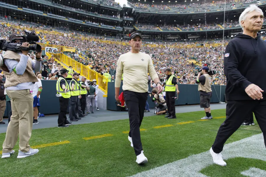 Sep 24, 2023; Green Bay, Wisconsin, USA; New Orleans Saints head coach Dennis Allen prior to the game against the Green Bay Packers at Lambeau Field. Mandatory Credit: Jeff Hanisch-Imagn Images