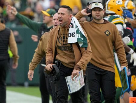 Green Bay Packers coach Matt LaFleur contests offside call