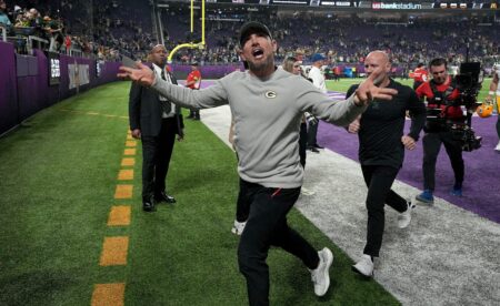 Green Bay Packers head coach Matt LaFleur celebrates his team’s win after their game Sunday, December 31, 2023 at U.S. Bank Stadium in Minneapolis, Minnesota. The Green Bay Packers beat the Minnesota Vikings 33-10. © Mark Hoffman/Milwaukee Journal Sentinel / USA TODAY NETWORK