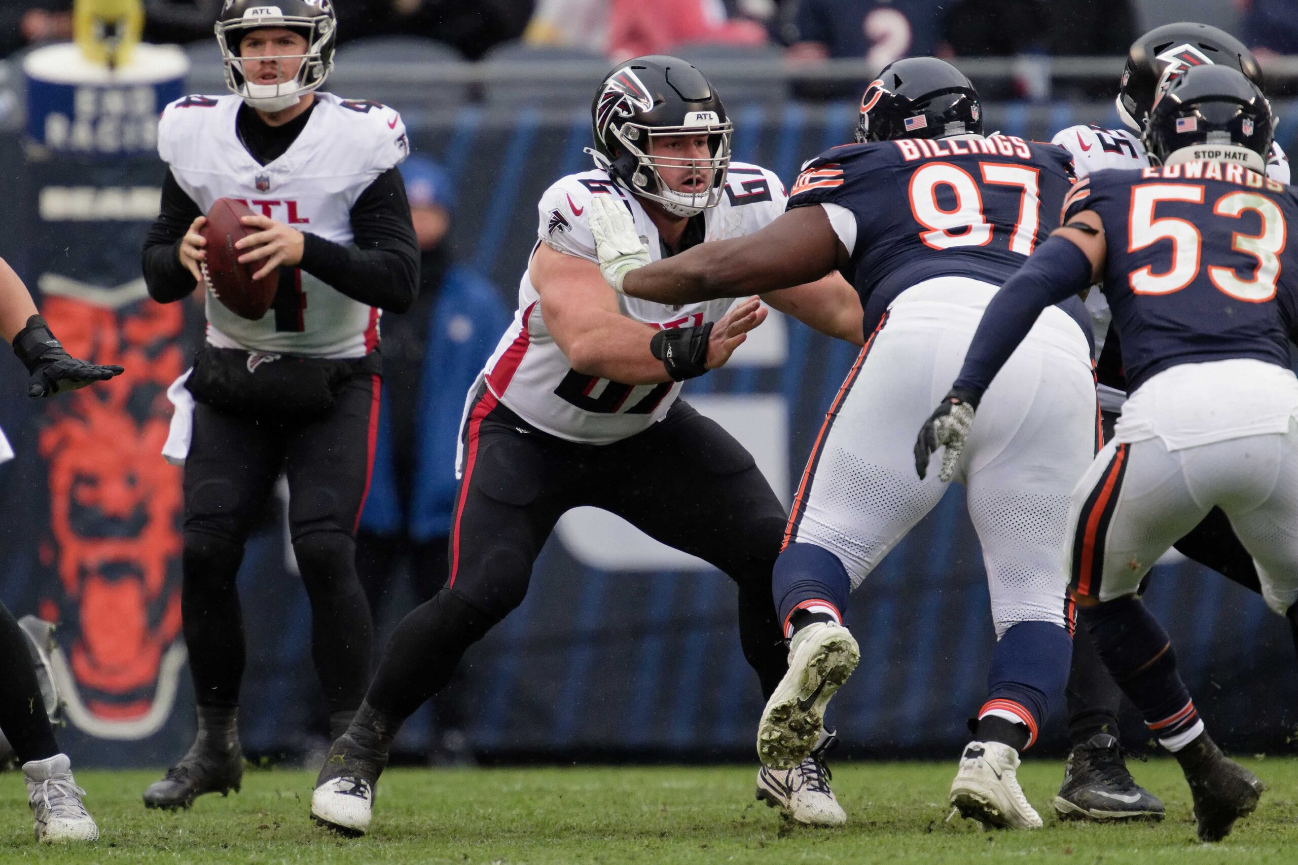 Dec 31, 2023; Chicago, Illinois, USA; Atlanta Falcons offensive lineman Drew Dalman (67) blocks against the Chicago Bears at Soldier Field. Mandatory Credit: Jamie Sabau-Imagn Images