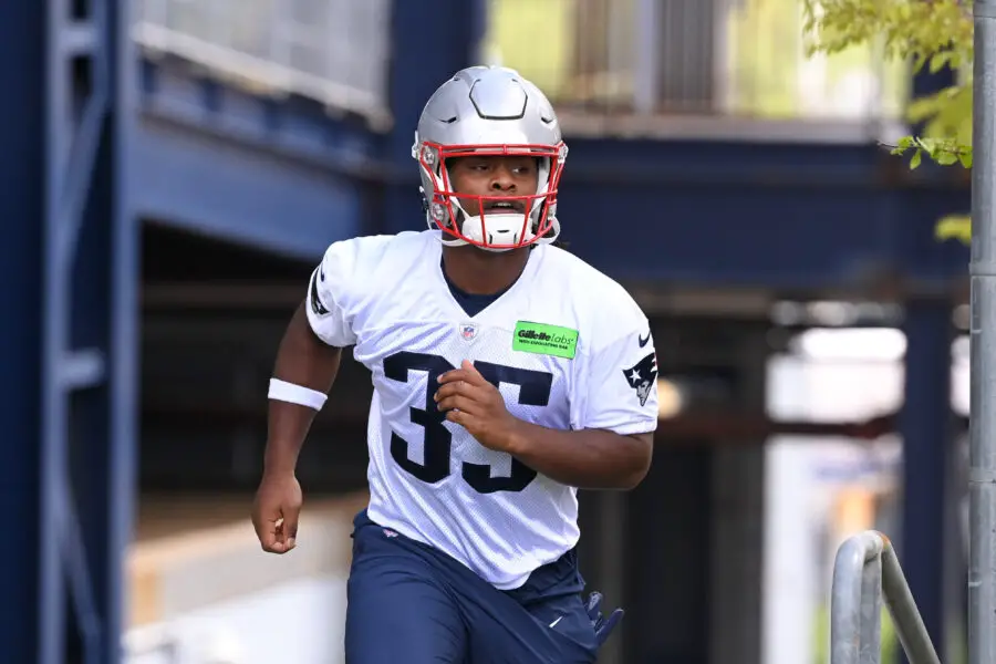 May 11, 2024; Foxborough, MA, USA; New England Patriots running back Deshaun Fenwick (35) walks to the practice field at the New England Patriots rookie camp at Gillette Stadium. Mandatory Credit: Eric Canha-USA TODAY Sports Packers