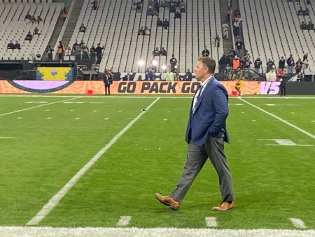 Green Bay Packers general manager Brian Gutekunst walks on the field pre-game at Arena Corinthians in São Paulo, Brazil, on Friday, Sept. 6, 2024. © Tom Silverstein / Milwaukee Journal Sentinel / USA TODAY NETWORK