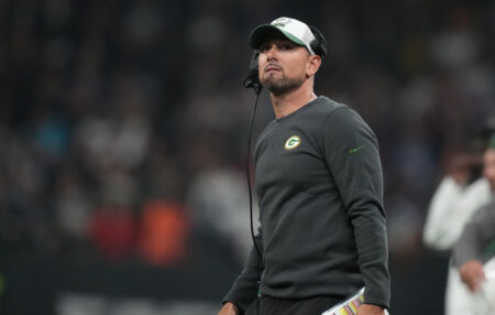 Sep 6, 2024; Sao Paulo, BRA; Green Bay Packers head coach Matt LaFleur during the second half against the Philadelphia Eagles at Neo Quimica Arena. Mandatory Credit: Kirby Lee-Imagn Images