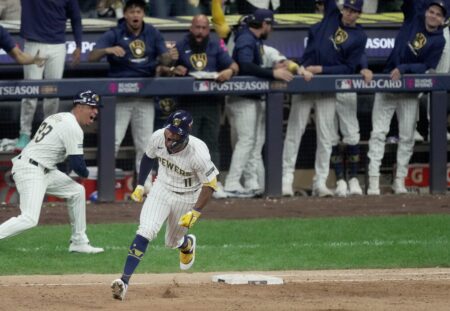 Milwaukee Brewers outfielder Jackson Chourio (11) celebrates his solo home run during the eighth inning of their wild-card playoff game against the New York Mets Wednesday, October 2, 2024 at American Family Field in Milwaukee, Wisconsin.