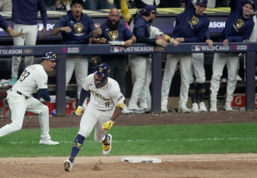 Milwaukee Brewers outfielder Jackson Chourio (11) celebrates his solo home run during the eighth inning of their wild-card playoff game against the New York Mets Wednesday, October 2, 2024 at American Family Field in Milwaukee, Wisconsin.