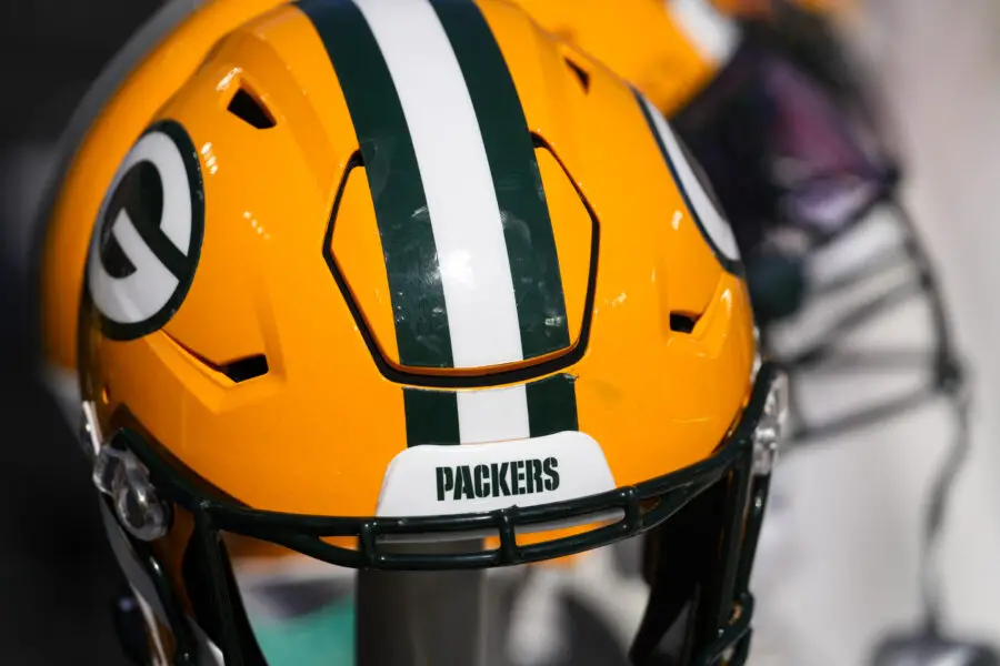 Sep 29, 2024; Green Bay, Wisconsin, USA; General view of Green Bay Packers helmets prior to the game against the Minnesota Vikings at Lambeau Field. Mandatory Credit: Jeff Hanisch-Imagn Images