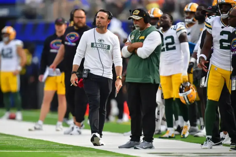 Oct 6, 2024; Inglewood, California, USA; Green Bay Packers head coach Matt LaFleur watches game action against the Los Angeles Rams during the second half at SoFi Stadium. Mandatory Credit: Gary A. Vasquez-Imagn Images