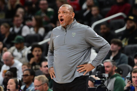 Oct 14, 2024; Milwaukee, Wisconsin, USA; Milwaukee Bucks head coach Doc Rivers calls a play in the second quarter against the Chicago Bulls at Fiserv Forum. Mandatory Credit: Benny Sieu-Imagn Images