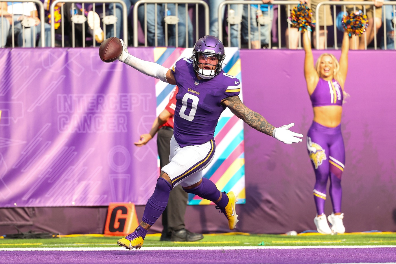 Oct 20, 2024; Minneapolis, Minnesota, USA; Minnesota Vikings linebacker Ivan Pace Jr. (0) celebrates after scoring a touchdown from a fumble recovery against the Detroit Lions during the fourth quarter at U.S. Bank Stadium. Mandatory Credit: Matt Krohn-Imagn Images Packers