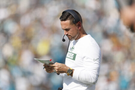 Oct 27, 2024; Jacksonville, Florida, USA; Green Bay Packers head coach Matt LaFleur against the Jacksonville Jaguars at EverBank Stadium. Mandatory Credit: Morgan Tencza-Imagn Images