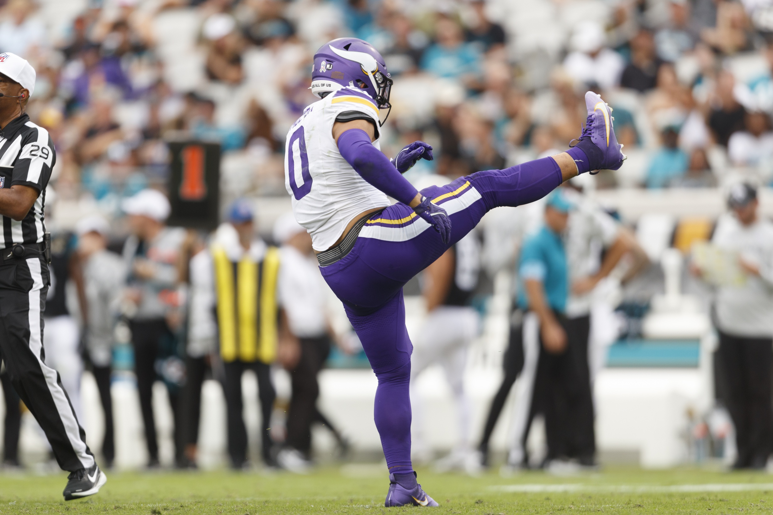 Nov 10, 2024; Jacksonville, Florida, USA; Minnesota Vikings linebacker Ivan Pace Jr. (0) celebrates a sack against the Jacksonville Jaguars during the second quarter at EverBank Stadium. Mandatory Credit: Morgan Tencza-Imagn Images