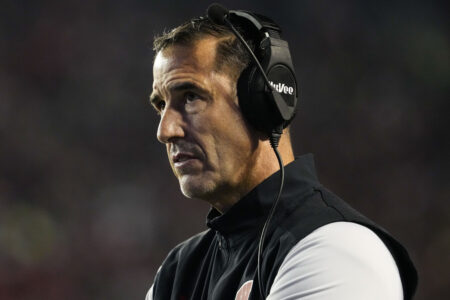 Nov 16, 2024; Madison, Wisconsin, USA; Wisconsin Badgers head coach Luke Fickell looks on during the first quarter against the Oregon Ducks at Camp Randall Stadium. Mandatory Credit: Jeff Hanisch-Imagn Images