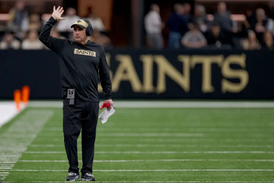 Dec 1, 2024; New Orleans, Louisiana, USA; New Orleans Saints interim head coach Darren Rizzi reacts on the sideline during the second half against the Los Angeles Rams at Caesars Superdome. Mandatory Credit: Matthew Hinton-Imagn Images