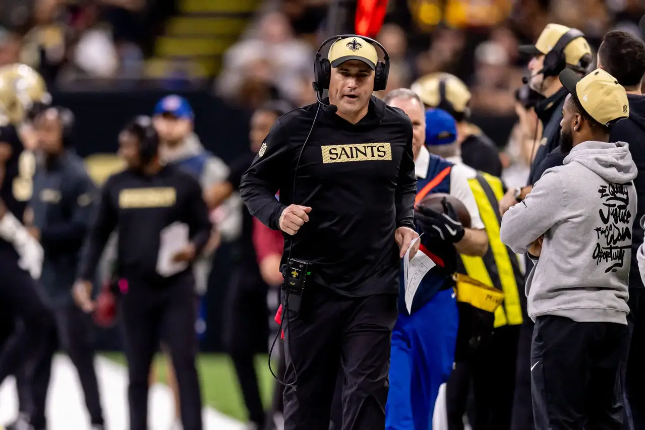 Dec 15, 2024; New Orleans, Louisiana, USA; New Orleans Saints interim head coach Darren Rizzi against the Washington Commanders during the second half at Caesars Superdome. Mandatory Credit: Stephen Lew-Imagn Images