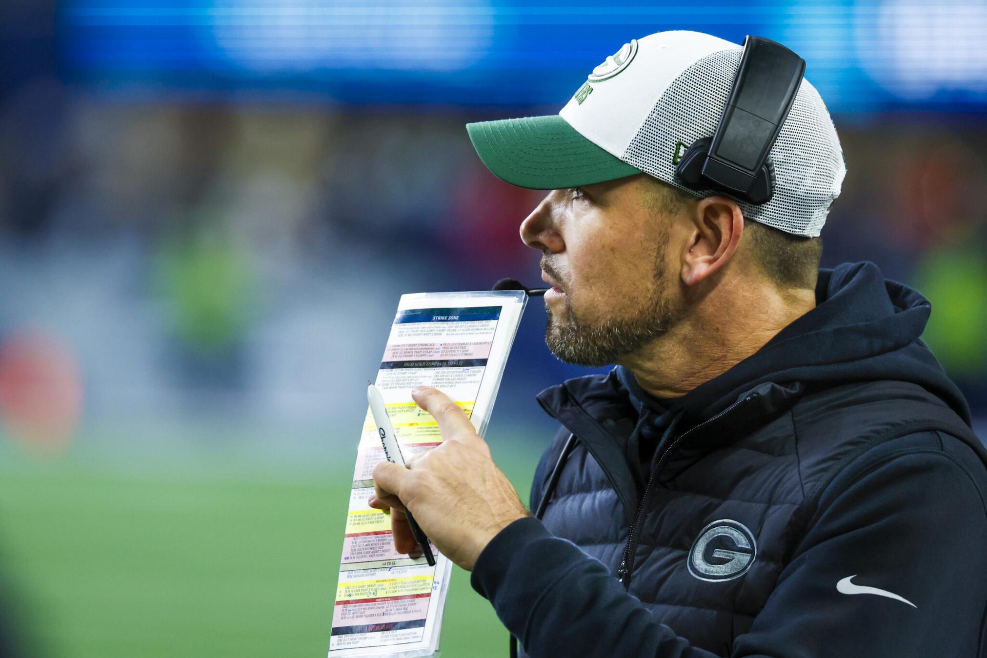 Dec 15, 2024; Seattle, Washington, USA; Green Bay Packers head coach Matt LaFleur stands on the sideline during the fourth quarter at Lumen Field. Mandatory Credit: Joe Nicholson-Imagn Images