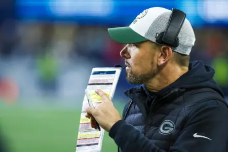 Dec 15, 2024; Seattle, Washington, USA; Green Bay Packers head coach Matt LaFleur stands on the sideline during the fourth quarter at Lumen Field. Mandatory Credit: Joe Nicholson-Imagn Images