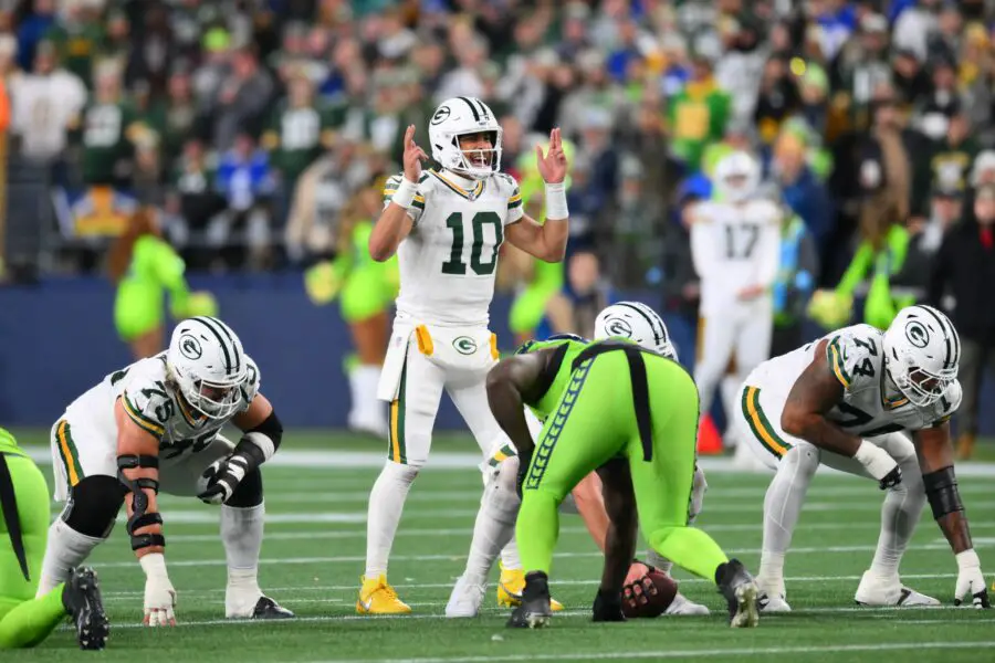 Dec 15, 2024; Seattle, Washington, USA; Green Bay Packers quarterback Jordan Love (10) during the second half against the Seattle Seahawks at Lumen Field. Mandatory Credit: Steven Bisig-Imagn Images