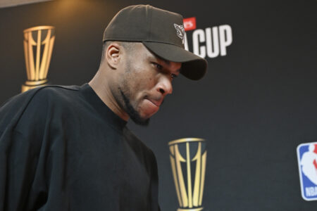 Dec 17, 2024; Las Vegas, NV, USA; Milwaukee Bucks forward Giannis Antetokounmpo (34) arrives at the Emirates NBA Cup-Red Carpet before their game against the Oklahoma City Thunder at T-Mobile Arena. Mandatory Credit: Candice Ward-Imagn Images