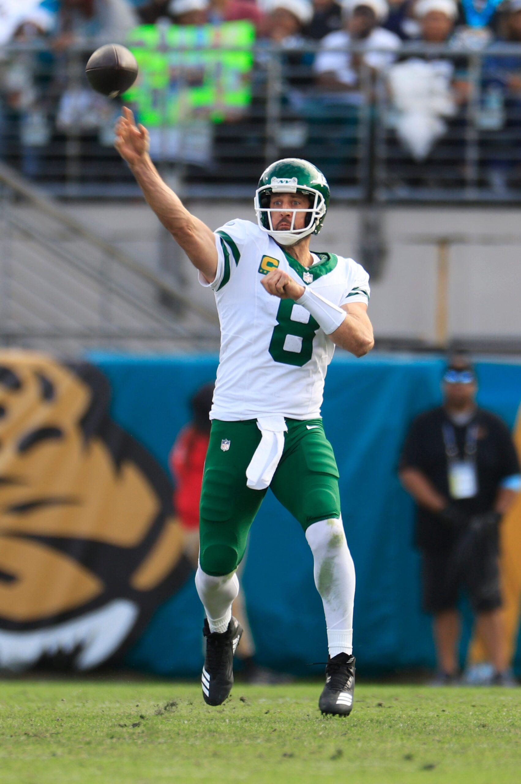 New York Jets quarterback Aaron Rodgers (8) passes the ball during the third quarter Sunday, Dec. 15, 2024 at EverBank Stadium in Jacksonville, Fla. The Jets held off the Jaguars 32-25. [Corey Perrine/Florida Times-Union], Green Bay Packers