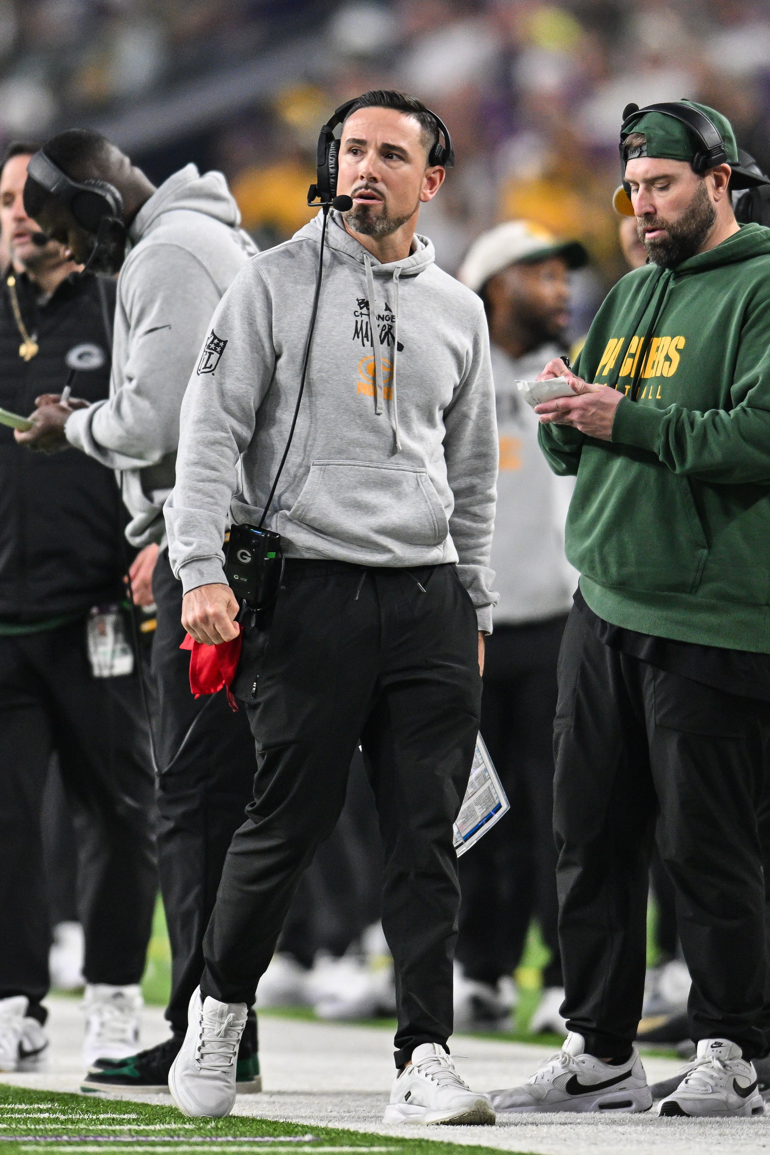 Dec 29, 2024; Minneapolis, Minnesota, USA; Green Bay Packers head coach Matt LaFleur looks on during the second quarter against the Minnesota Vikings at U.S. Bank Stadium. Mandatory Credit: Jeffrey Becker-Imagn Images