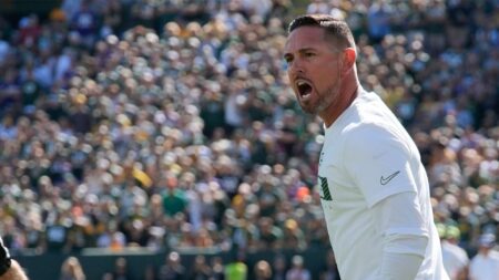 Green Bay Packers head coach Matt LaFleur argues a call on a muffed punt with field judge Aaron Santi (50) during the second quarter of their game against the Minnesota Vikings Sunday, September 29, 2024 at Lambeau Field in Green Bay, Wisconsin.© Mark Hoffman/Milwaukee Journal Sentinel / USA TODAY NETWORK via Imagn Images