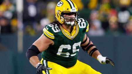 Nov 13, 2022; Green Bay, Wisconsin, USA; Green Bay Packers offensive tackle David Bakhtiari (69) during the game against the Dallas Cowboys at Lambeau Field. Mandatory Credit: Jeff Hanisch-Imagn Images