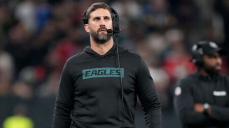 Sep 6, 2024; Sao Paulo, BRA; Philadelphia Eagles head coach Nick Sirianni during the first half against the Green Bay Packers at Neo Quimica Arena. Mandatory Credit: Kirby Lee-Imagn Images