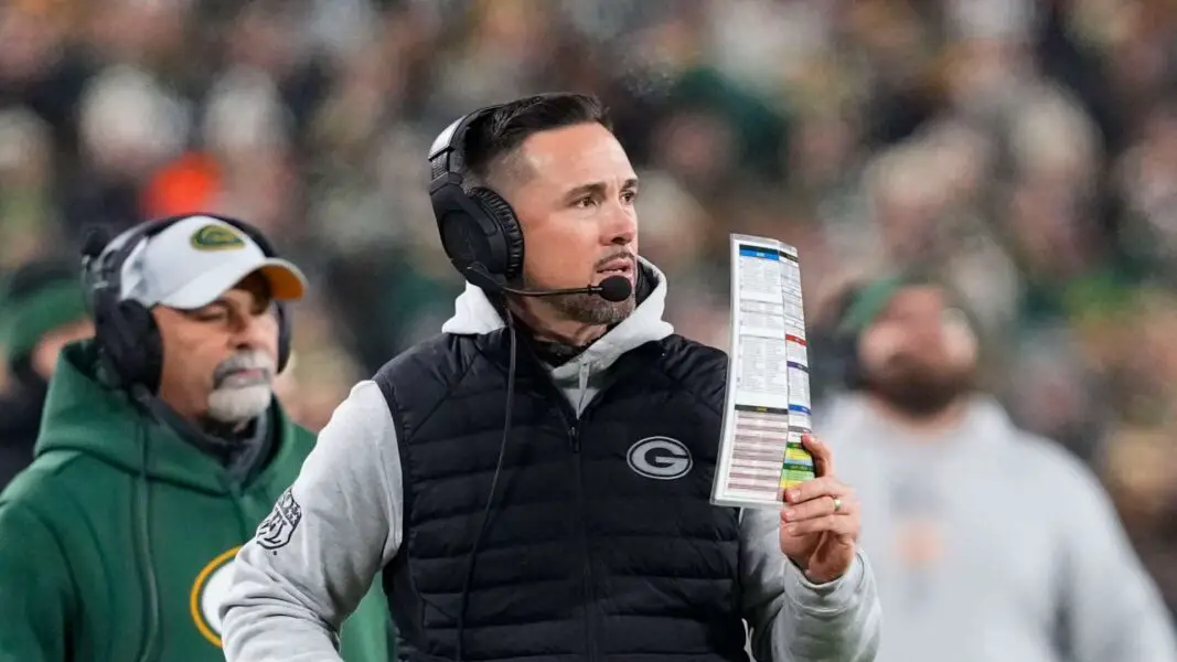 Dec 23, 2024; Green Bay, Wisconsin, USA; Green Bay Packers head coach Matt LaFleur looks on during the first quarter against the New Orleans Saints at Lambeau Field. Mandatory Credit: Jeff Hanisch-Imagn Images