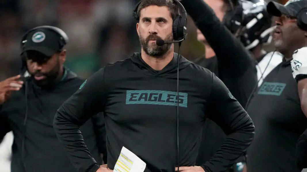 Sep 6, 2024; Sao Paulo, BRA; Philadelphia Eagles head coach Nick Sirianni during the first quarter against the Green Bay Packers at Neo Quimica Arena. Mandatory Credit: Kirby Lee-Imagn Images