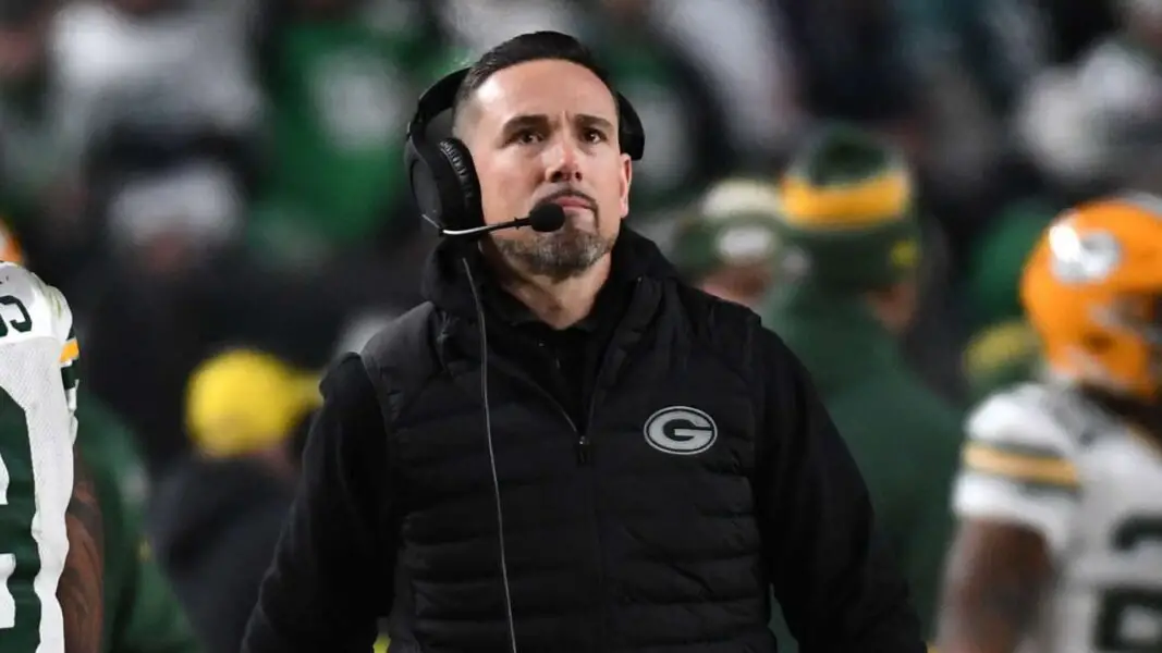 Jan 12, 2025; Philadelphia, Pennsylvania, USA; Green Bay Packers head coach Matt LeFleur reacts during the second half in an NFC wild card game at Lincoln Financial Field. Mandatory Credit: Eric Hartline-Imagn Images