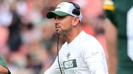 Aug 10, 2024; Cleveland, Ohio, USA; Green Bay Packers head coach Matt LaFleur celebrates with his team during the second quarter against the Cleveland Browns at Cleveland Browns Stadium. Mandatory Credit: Ken Blaze-Imagn Images