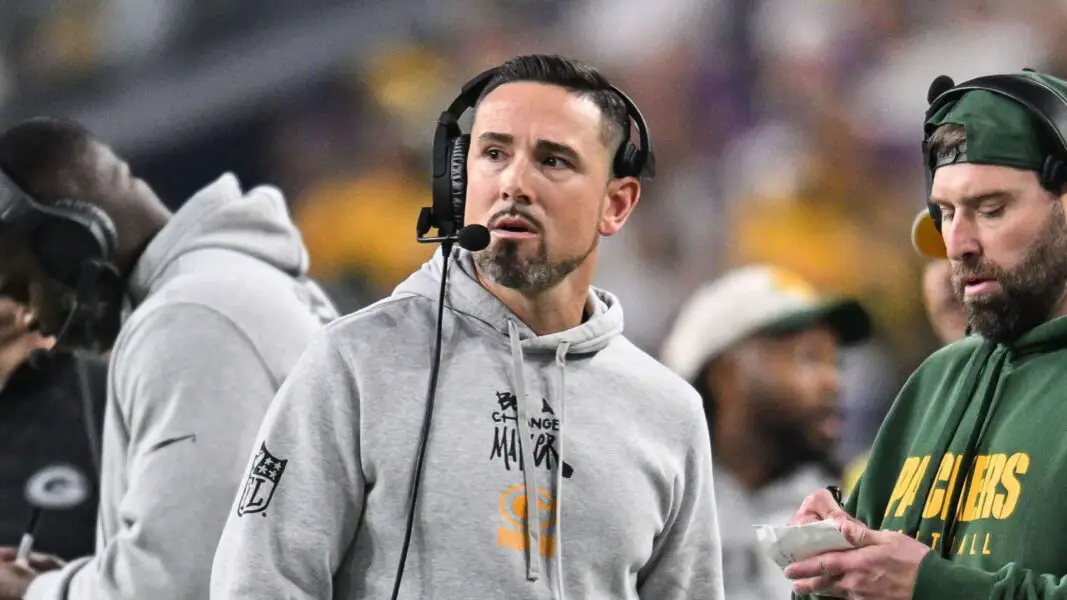 Dec 29, 2024; Minneapolis, Minnesota, USA; Green Bay Packers head coach Matt LaFleur looks on during the second quarter against the Minnesota Vikings at U.S. Bank Stadium. Mandatory Credit: Jeffrey Becker-Imagn Images