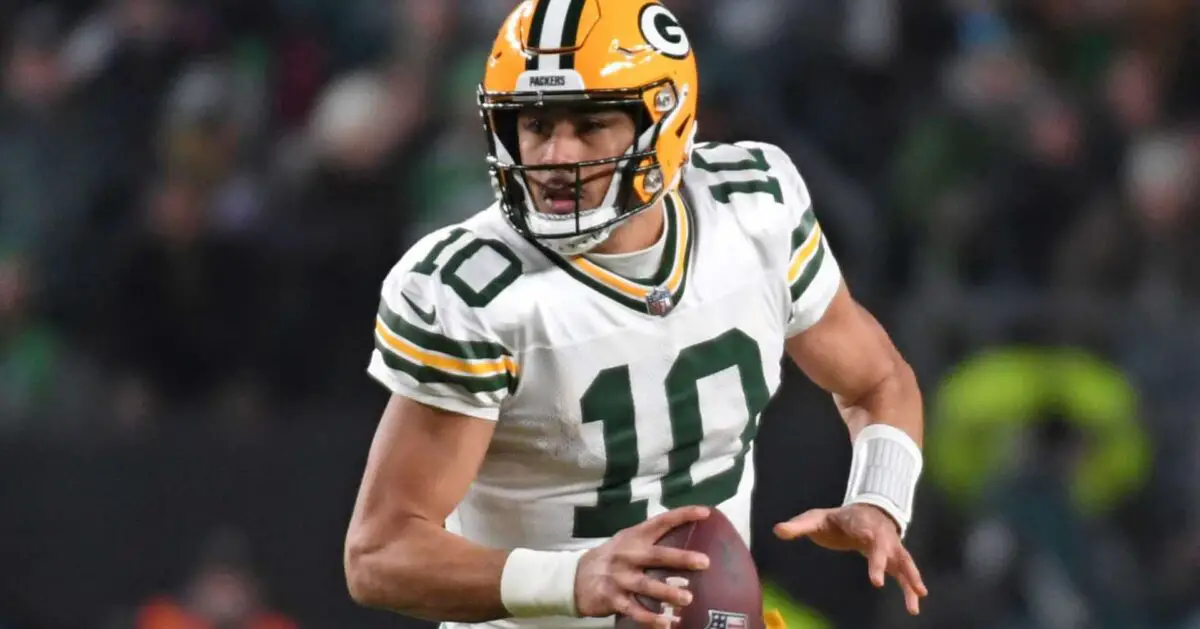 Jan 12, 2025; Philadelphia, Pennsylvania, USA; Green Bay Packers quarterback Jordan Love (10) against the Philadelphia Eagles in an NFC wild card game at Lincoln Financial Field. Mandatory Credit: Eric Hartline-Imagn Images