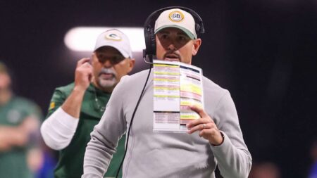 Sep 17, 2023; Atlanta, Georgia, USA; Green Bay Packers head coach Matt LaFleur on the sideline against the Atlanta Falcons in the second half at Mercedes-Benz Stadium. Mandatory Credit: Brett Davis-Imagn Images