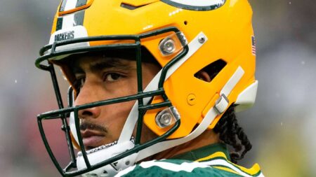 Oct 13, 2024; Green Bay, Wisconsin, USA; Green Bay Packers quarterback Jordan Love (10) looks on during warmups prior to the game against the Arizona Cardinals at Lambeau Field. Mandatory Credit: Jeff Hanisch-Imagn Images