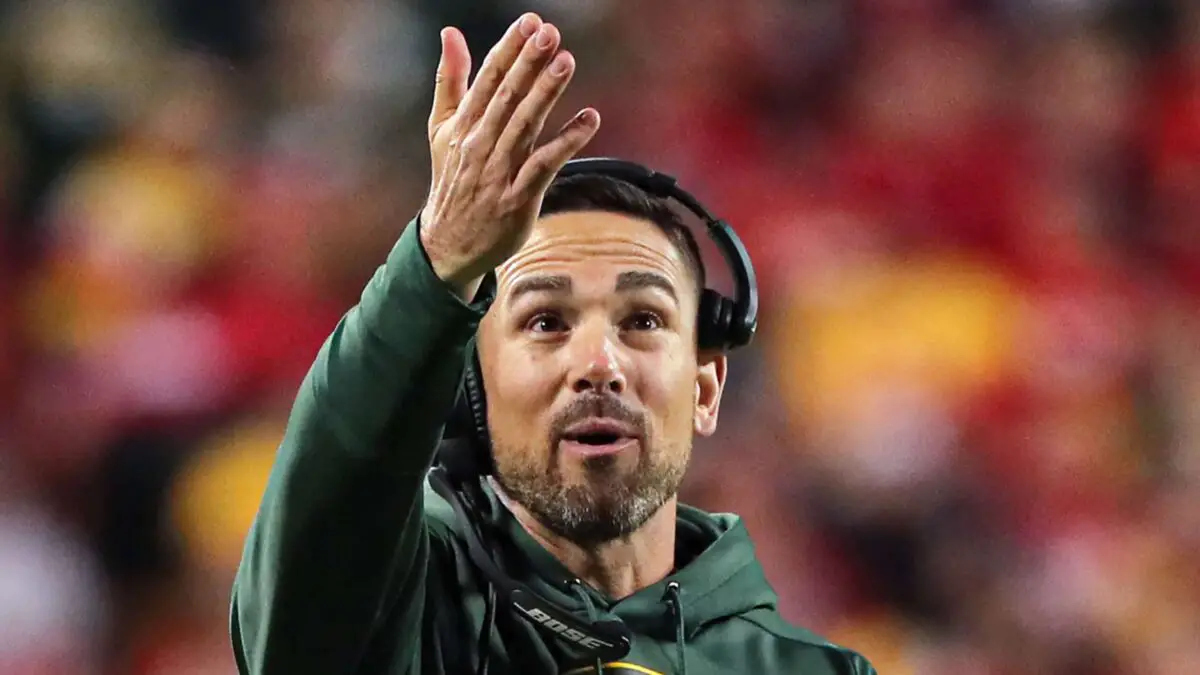 Oct 27, 2019; Kansas City, MO, USA; Green Bay Packers head coach Matt LaFleur reacts to a play against the Kansas City Chiefs during the first half at Arrowhead Stadium. Mandatory Credit: Jay Biggerstaff-Imagn Images