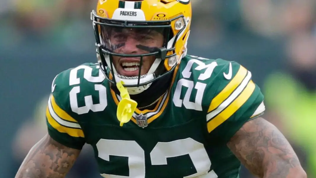 Jaire Alexander celebrates a tackle against the Los Angeles Rams at Lambeau Field on Nov. 5, 2023. © Dan Powers / USA TODAY NETWORK