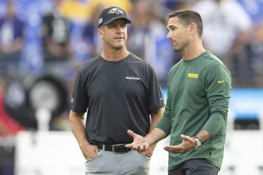 Why the Green Bay Packers Are Right To Extend Matt LaFleur 5 Aug 15, 2019; Baltimore, MD, USA; Baltimore Ravens head coach John Harbaugh speaks with Green Bay Packers head coach Matt LaFleur before the game at M&T Bank Stadium. Mandatory Credit: Tommy Gilligan-Imagn Images