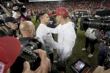 Nov 24, 2019; Santa Clara, CA, USA; Green Bay Packers head coach Matt LaFleur and San Francisco 49ers head coach Kyle Shanahan after the game at Levi's Stadium. Mandatory Credit: Stan Szeto-Imagn Images