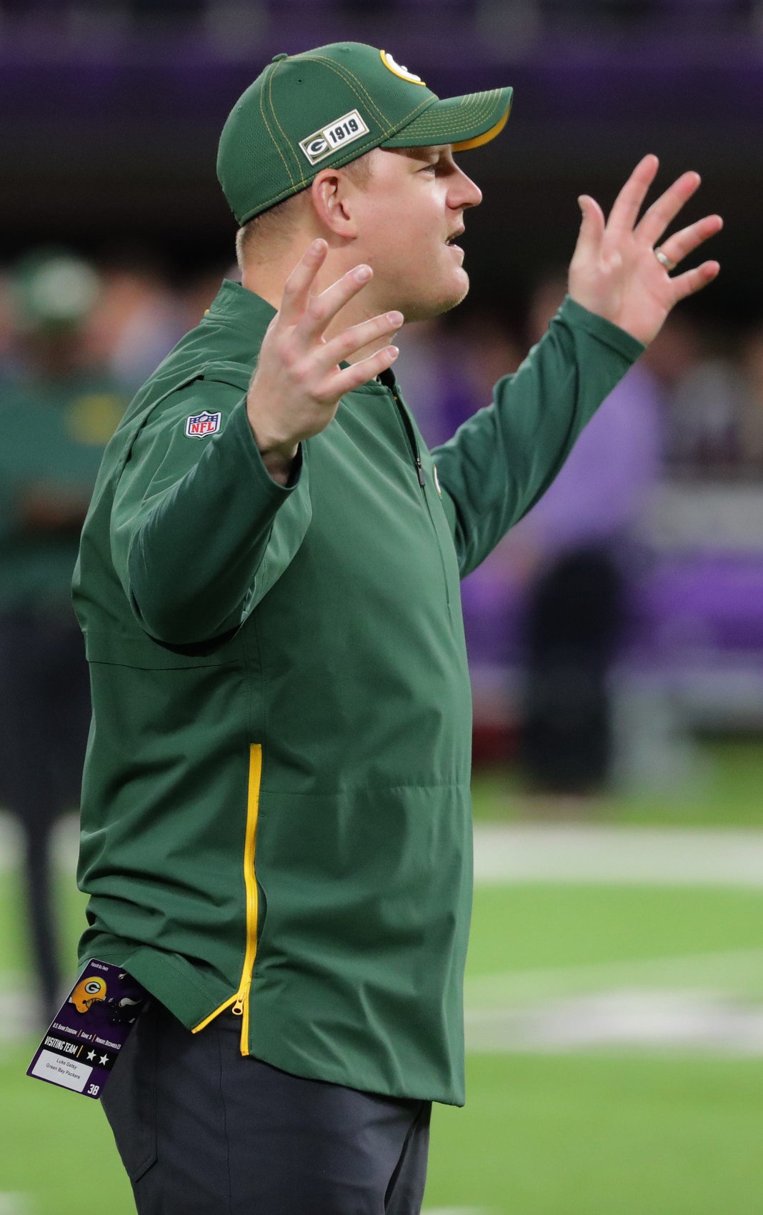 Green Bay Packers quarterback coach Luke Getsy is shown before their game against the Minnesota Vikings Monday, December 23, 2019 at US Bank Stadium in Minneapolis, Minn. © Mark Hoffman, Mark Hoffman/Milwaukee Journal S, Packers News via Imagn Content Services, LLC