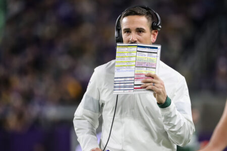 Dec 23, 2019; Minneapolis, Minnesota, USA; Green Bay Packers head coach Matt LaFleur reacts during the fourth quarter against the Minnesota Vikings at U.S. Bank Stadium. Mandatory Credit: Brace Hemmelgarn-Imagn Images