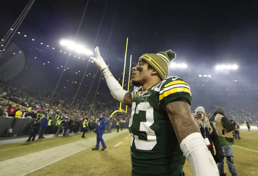 Jan 12, 2020; Green Bay, WI, USA; Green Bay Packers cornerback Jaire Alexander (23) walks off the field after defeating the Seattle Seahawks in a NFC Divisional Round playoff football game at Lambeau Field. Mandatory Credit: Jeff Hanisch-Imagn Images